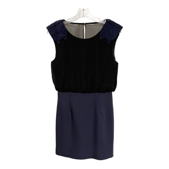 Tibi Size 4 Navy Sleeveless Origami Shoulder Mini Silk Combo Cocktail Dress - Picture 4 of 7